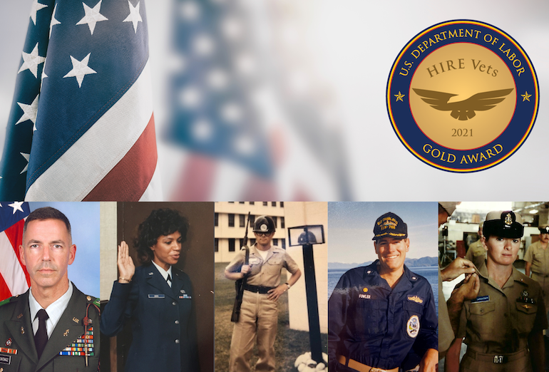 Collage showcasing the U.S. flag, "Hire Vets 2021 Gold Award" from the Department of Labor, and diverse military personnel in various uniforms, illustrating commitment to Human Resources excellence