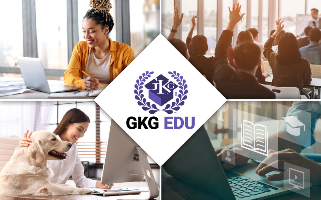 
A collage featuring different educational settings and a central "GKG EDU" logo.