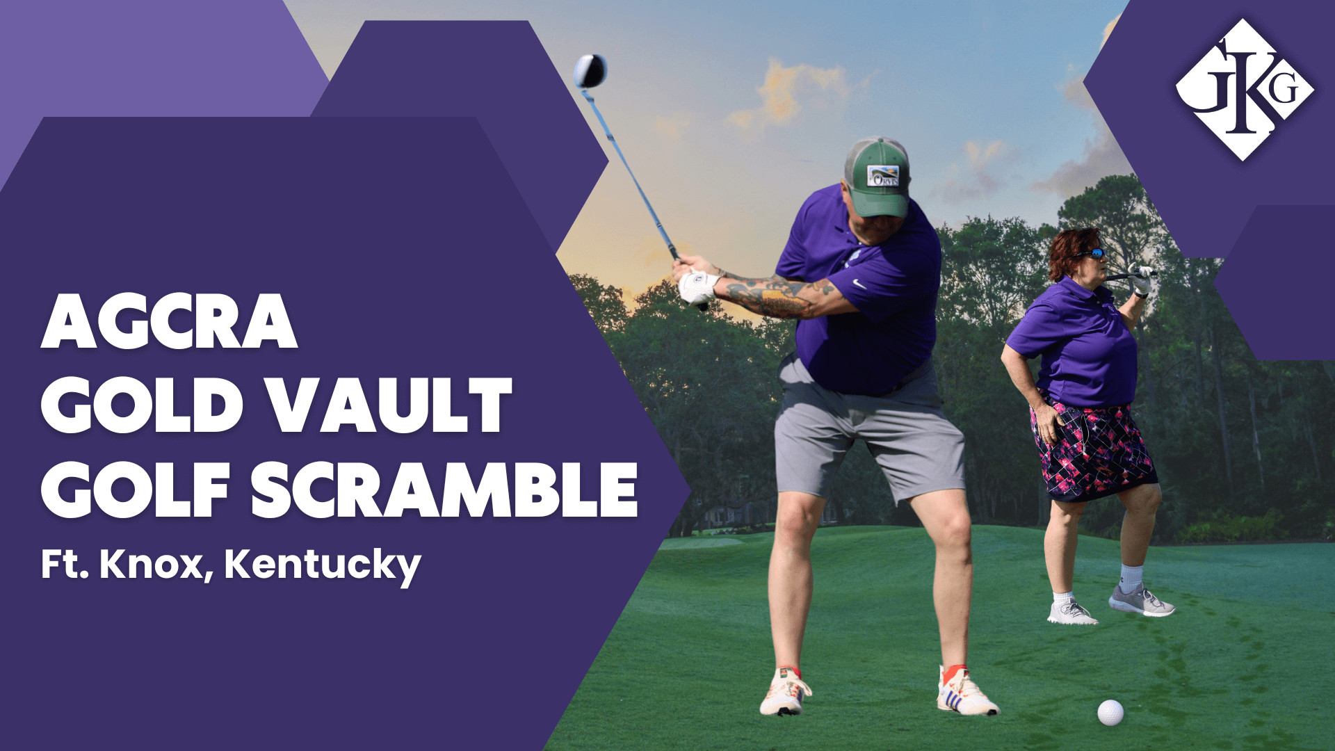 Two golfers in purple outfits participating in the Human Capital Management golf scramble event at Fort Knox, Kentucky, with one swinging a club.