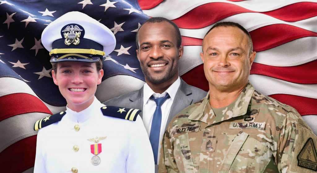 Three diverse individuals in different U.S. military uniforms and a business suit smiling in front of an American flag.
