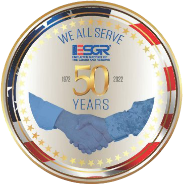 Round emblem celebrating 50 years of Human Resources support of the guard and reserve with handshake graphic and the years 1972-2022.