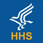 Logo of the U.S. Department of Health and Human Services (HHS), featuring a stylized white eagle on a blue background with "HHS" in orange letters below, represented by the Human