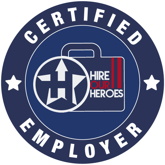 Logo of "certified employer" featuring a briefcase with a “hire our heroes” ribbon and two stars, encircled by text on a blue background related to Human Resources Operations.