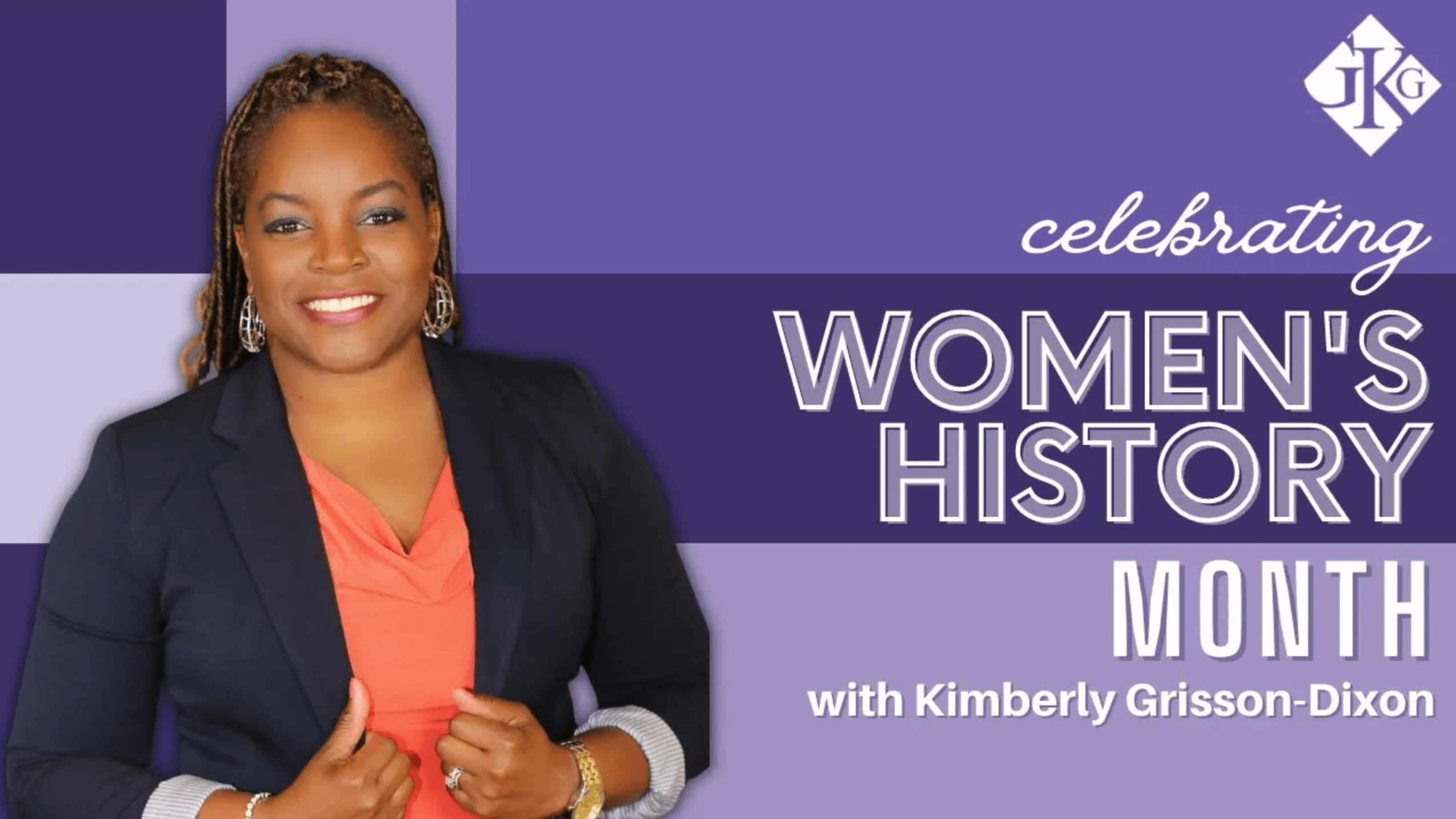 Woman in a business suit smiling, with the text "celebrating women's history month with Kimberly Grisson-Dixon" on a purple background, emphasizing Human Capital Management.