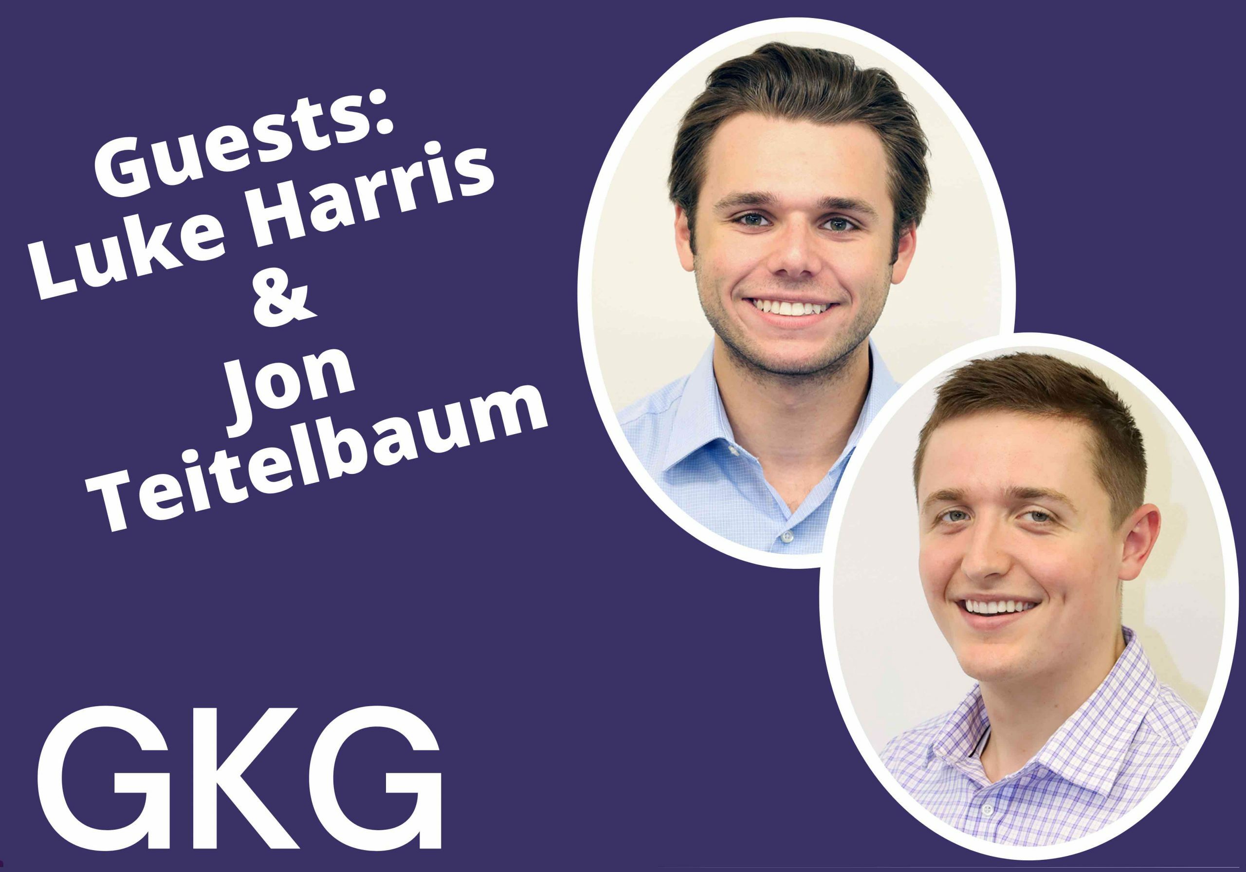 Promotional image featuring portraits of two smiling men, Luke Harris and Jon Teitelbaum, with "Human Resources guests" text and the acronym "GKG" in purple at the bottom.