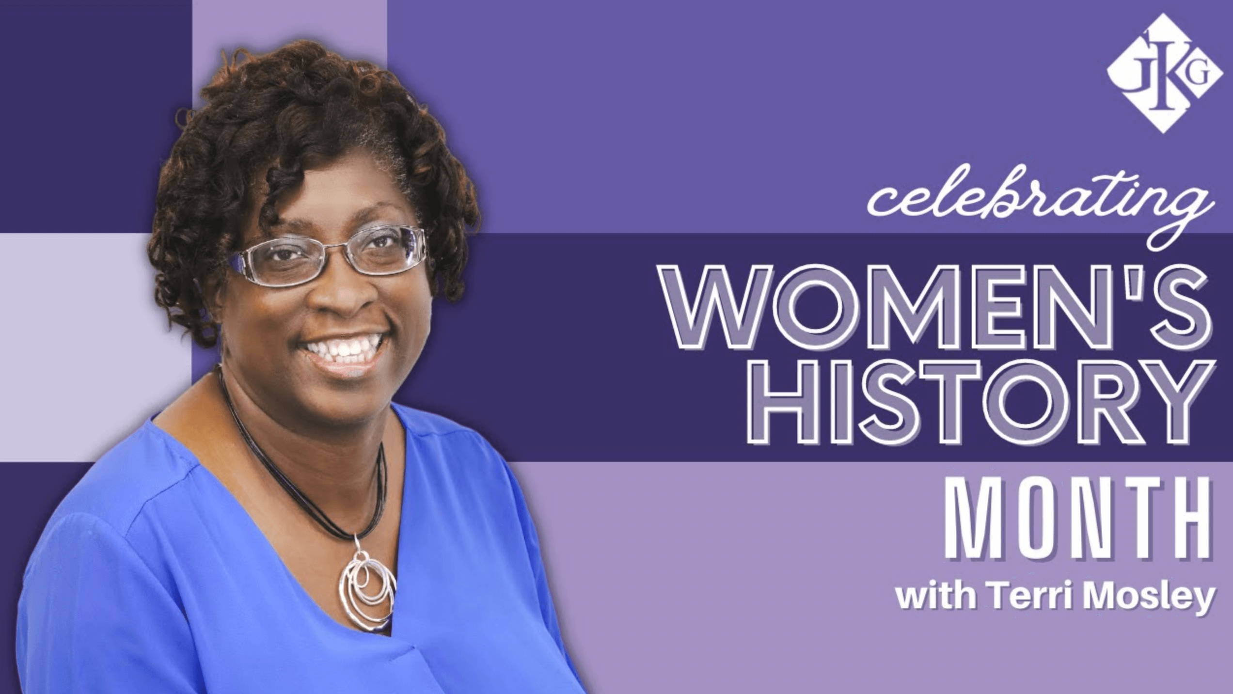 Promotional banner featuring a smiling black woman in blue, captioned "celebrating women's history month with Terri Mosley" against a purple and white background, highlighting her contributions to Human Resources