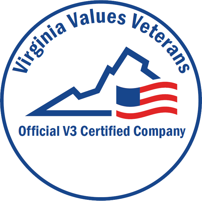 Circular logo for "Virginia Values Veterans," featuring a stylized mountain, an American flag, and the text "Official V3 Certified Company" with a gold star highlighting our commitment to Learning and Development.