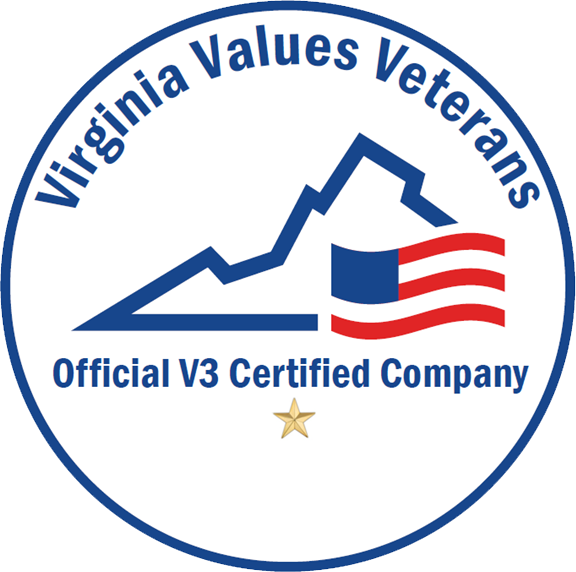 Logo of "Virginia Values Veterans," featuring a stylized mountain and an American flag, labeled as an "Official V3 Certified Company" with a gold star emblem for Professional Consulting Services.