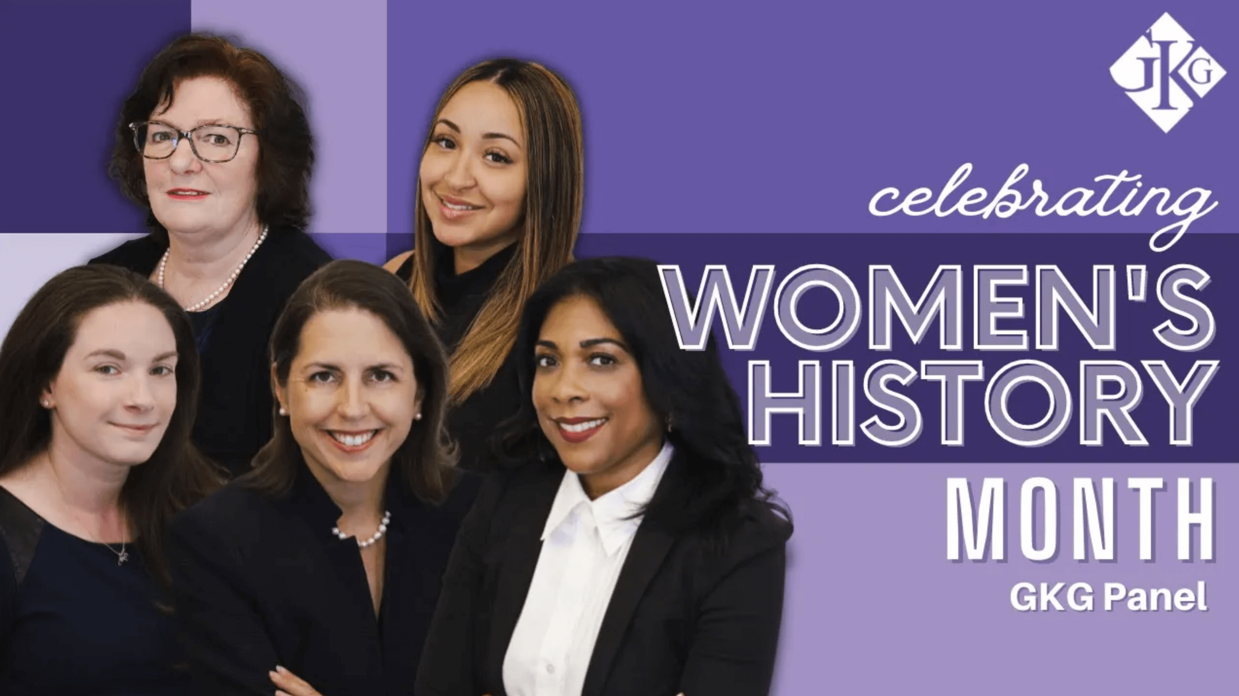 Five diverse women posing for a group photo with a purple background, text reads "Celebrating Women's History Month, Human Resources Operations panel.