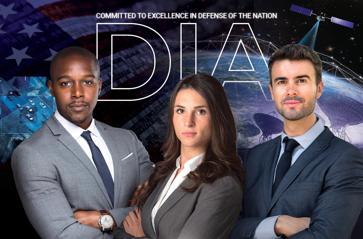 Three professionals in business attire stand confidently with the logo "dia" and a backdrop of a space satellite and American flag, the text stating "committed to excellence in defense of the nation through workforce optimization.