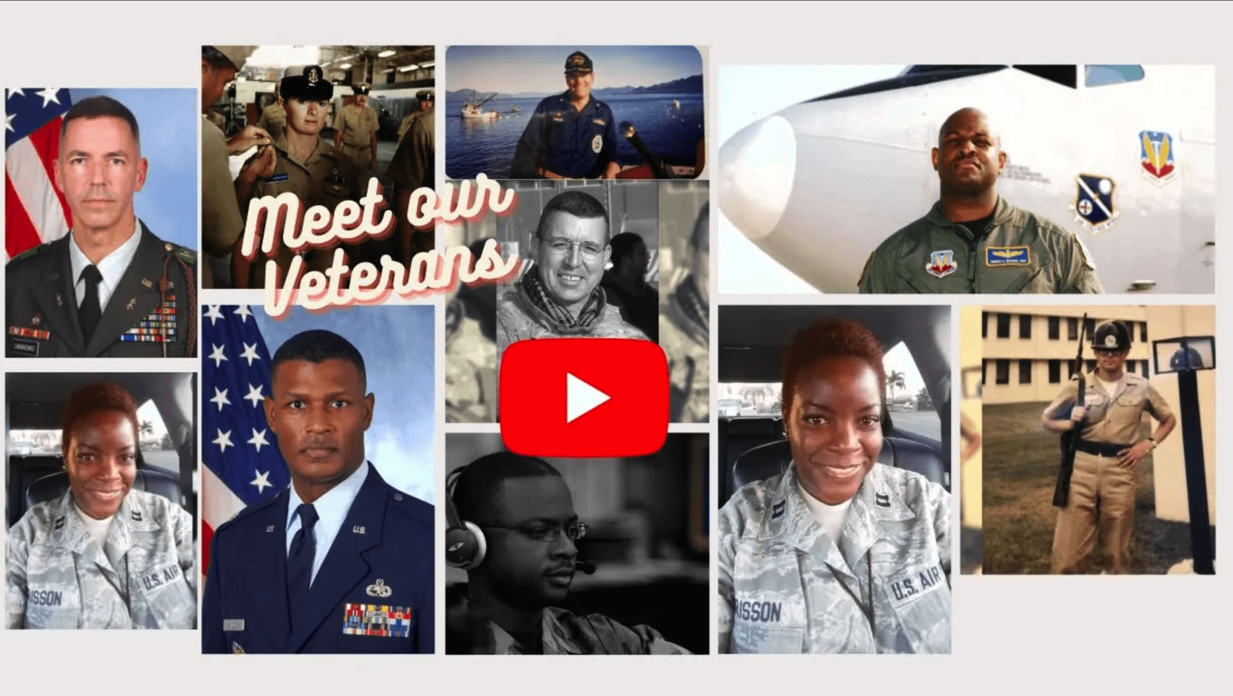 Collage of eight diverse U.S. military veterans with a central "meet our veterans" text, featuring a YouTube play button overlay.